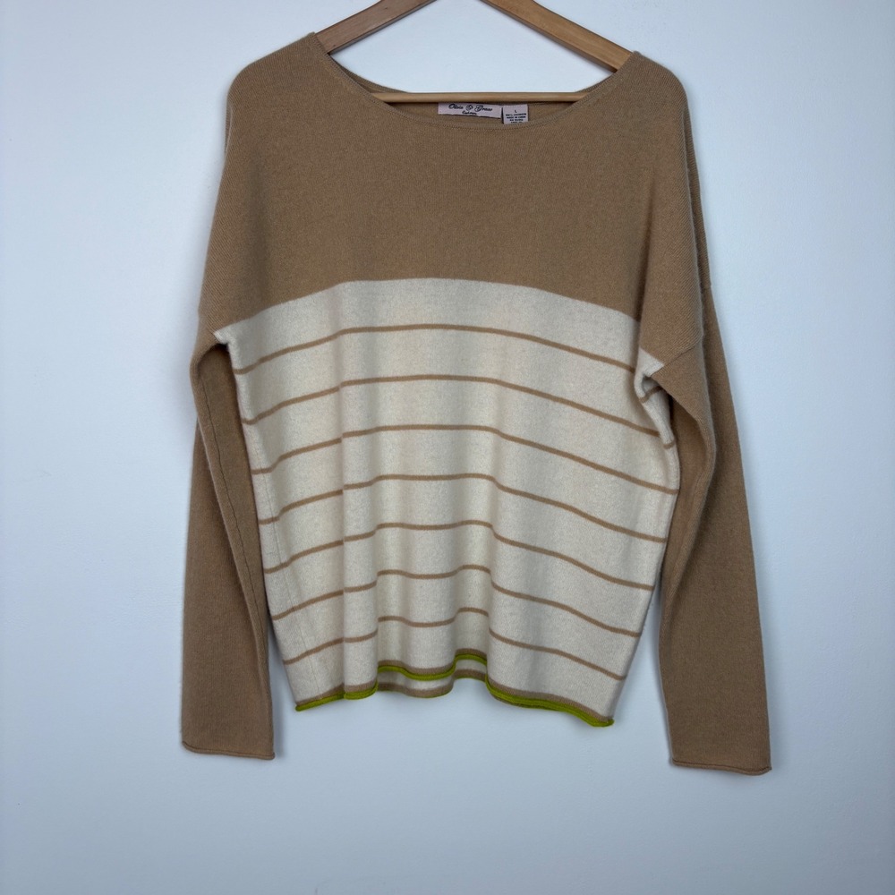 Olivia & Grace Womens Sweater L Tan Cashmere Striped Colorblock Boat Neck Luxury